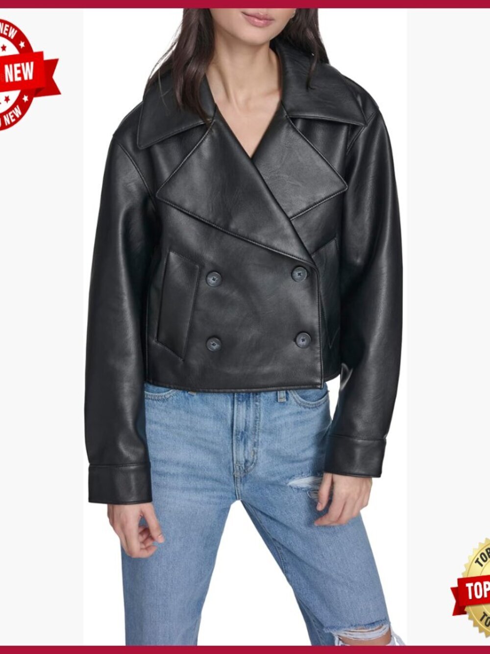 Short Double Breasted Trench Coat with Puff Sleeves, Regular Fit